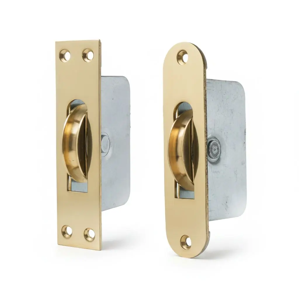 A new brass pulley wheel and faceplate set into the box of a sash window.