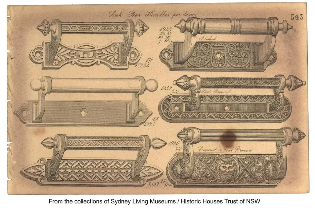 Illustration of decorative sash bar handles from a historical catalog, showcasing six ornate designs with intricate patterns and details, highlighting the elegance of historical sash window hardware.