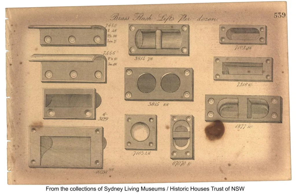 Illustration of various brass flush latches with measurements on a vintage catalog page, featuring detailed sketches and annotations for each item, highlighting the elegance of historical sash window hardware.