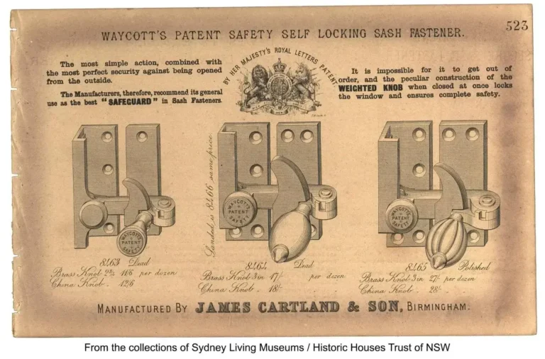 Vintage advertisement for Waycott's Patent Safety Self Locking Sash Fastener, showcasing historical sash window hardware with illustrations and descriptions of the product in various finishes, highlighting its robust security features.