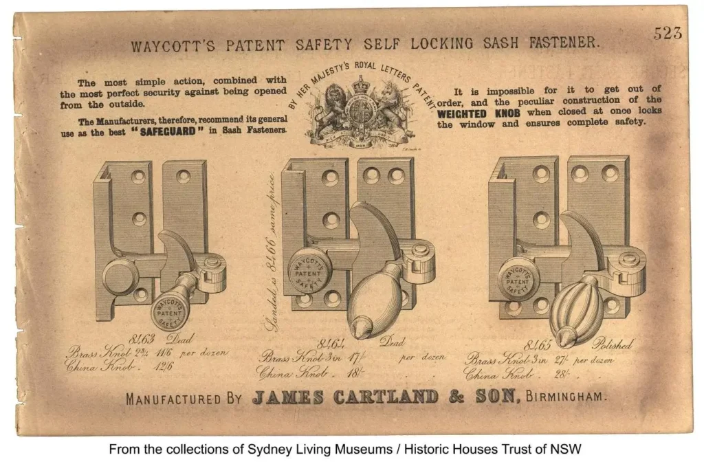 Vintage advertisement for Waycott's Patent Safety Self-Locking Sash Fastener, a notable piece of historical sash window hardware, showcasing diagrams and descriptive details of the product. Manufactured by James Cartland & Son, Birmingham.