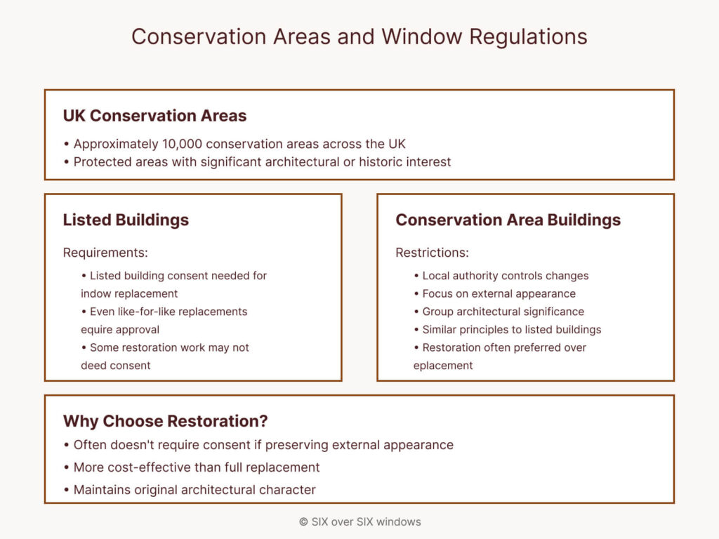 Infographic titled "Conservation Areas and Window Regulations" outlining details and restrictions for UK conservation areas, windows restoration in listed buildings, and reasons to choose restoration.