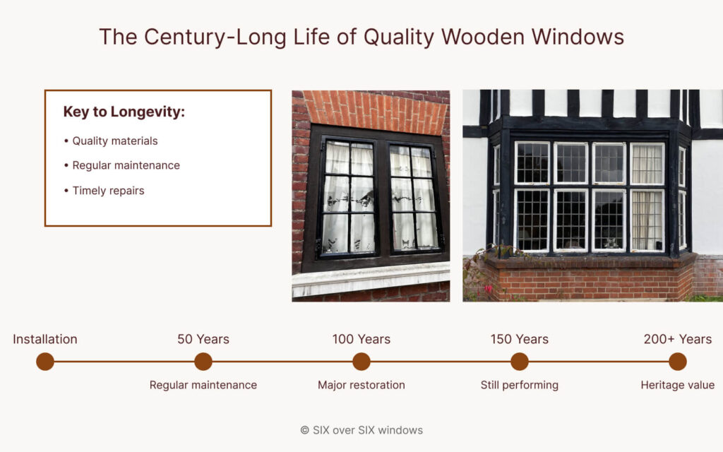 Infographic titled "The Century-Long Life of Quality Wooden Windows" with a timeline detailing maintenance milestones and photos of vintage windows, emphasizing the importance of windows restoration in listed buildings.