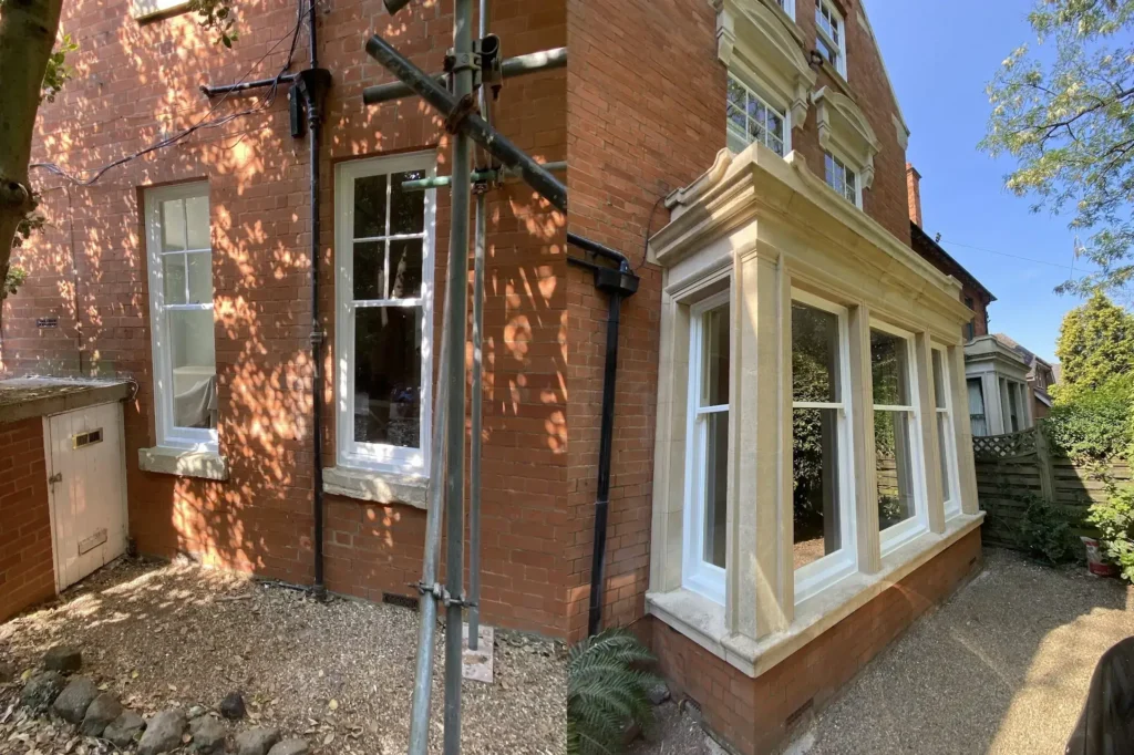 Left side shows scaffolding against a brick wall with a window, highlighting ongoing sash window restoration in Northamptonshire. Right side features a bay window on a brick building with a gravel path, harmonizing traditional charm and modern care.