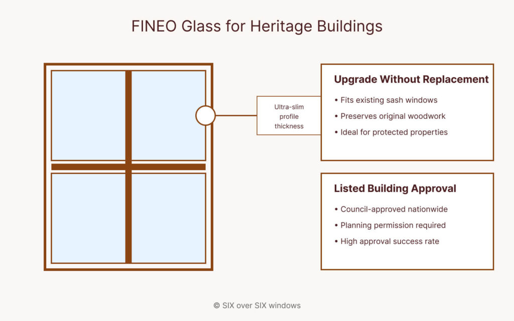 Diagram of a window featuring FINEO Glass highlights the benefits for heritage buildings, like upgrading without replacement and securing listed building approval, all thanks to the innovative FINEO technology.