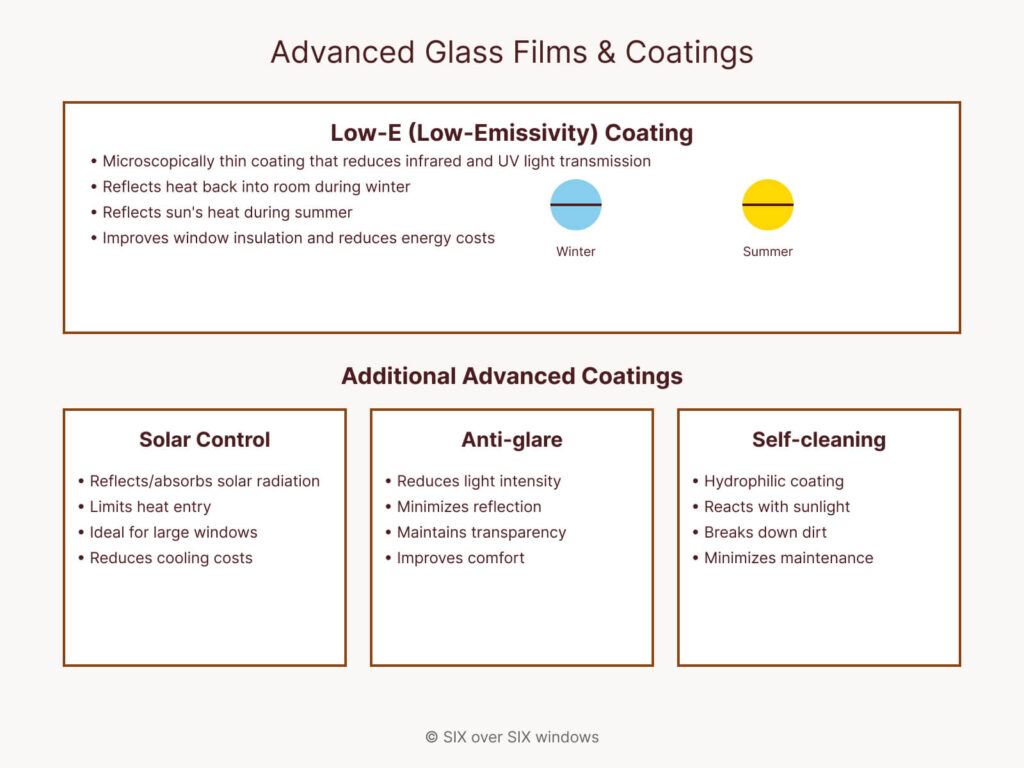 Infographic on advanced glass films and coatings highlights Low-E coating benefits for winter and summer, alongside features like solar control, anti-glare, self-cleaning, and the added energy efficiency of insulated glass.