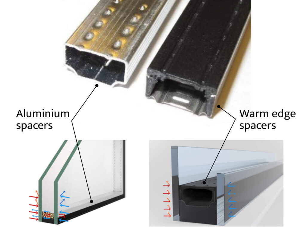 The image presents a comparison between aluminium and warm edge spacers in insulated glass, featuring diagrams that highlight how each is positioned within window panels.