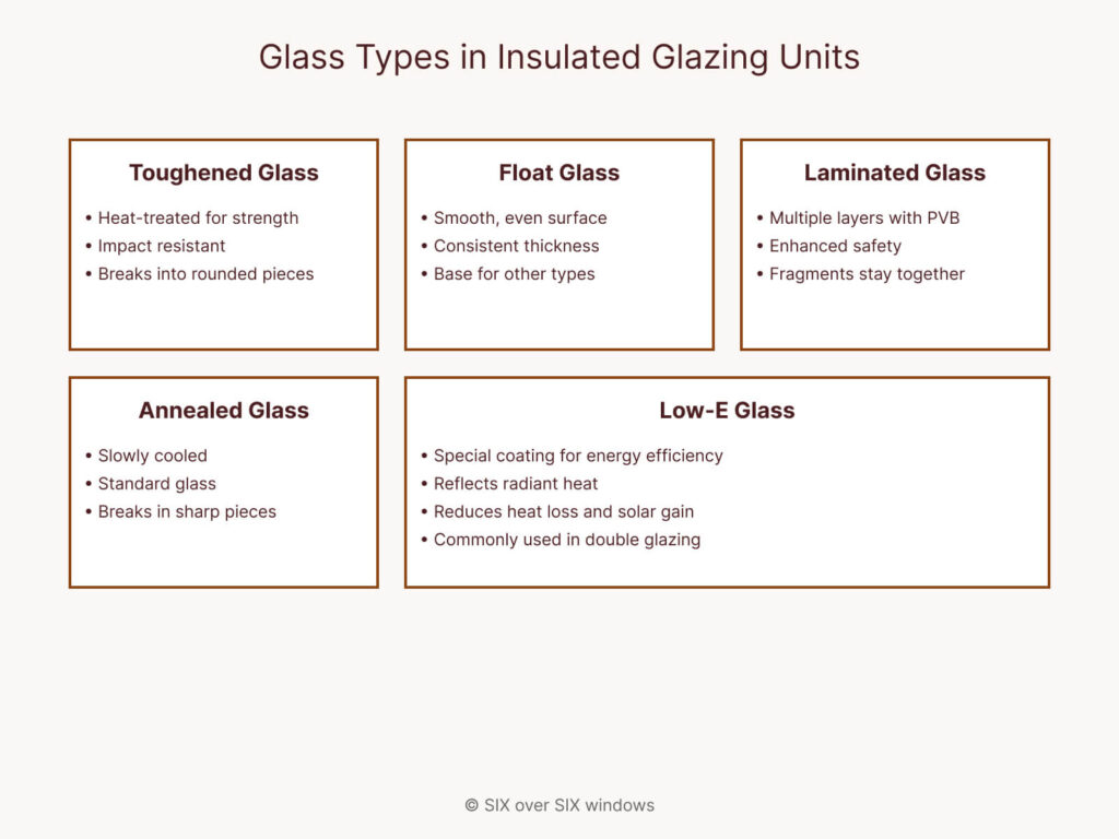 Diagram of insulated glass types in glazing units: toughened, float, laminated, annealed, and low-E glass, each with distinct properties like strength, surface smoothness, and energy efficiency.