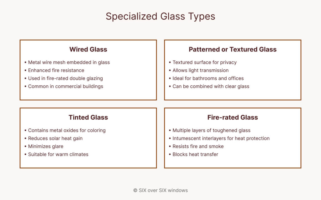 The chart titled "Specialized Glass Types" details features of Wired, Patterned or Textured, Tinted, Fire-rated, and Insulated Glass. It explores their uses in buildings and homes, highlighting functional benefits such as enhanced energy efficiency.