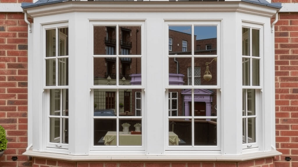 View of a white Victorian sash window with multiple panes on a red brick building, reflecting surrounding structures.