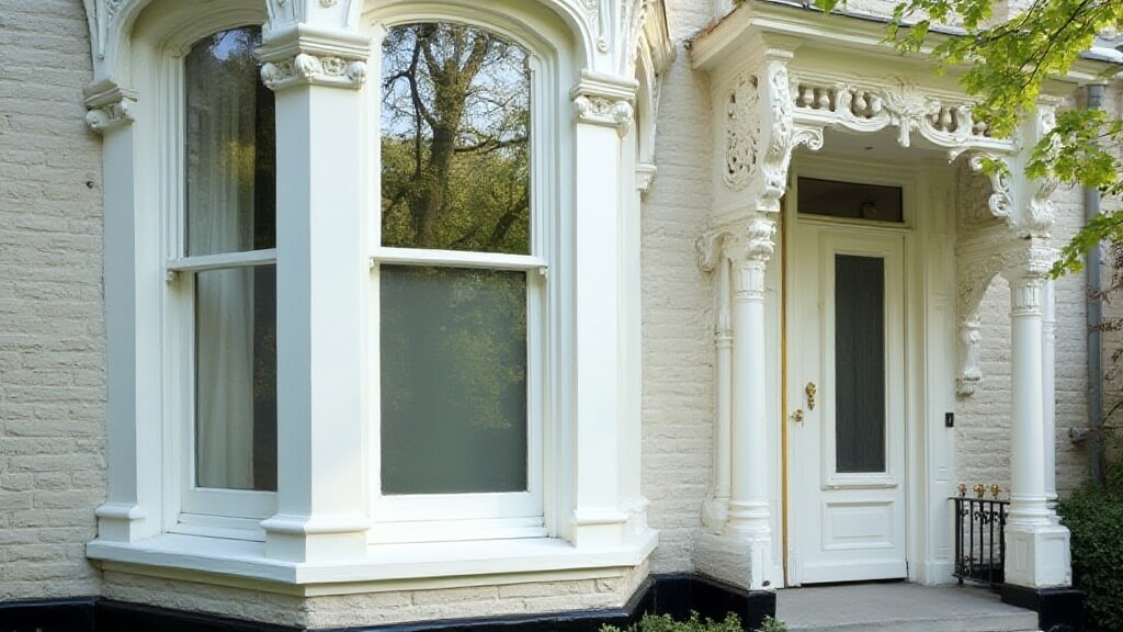 Victorian-style house with ornate white trim, large bay window, and a detailed front door against light brickwork, featuring elegant Victorian sash windows that add timeless charm.