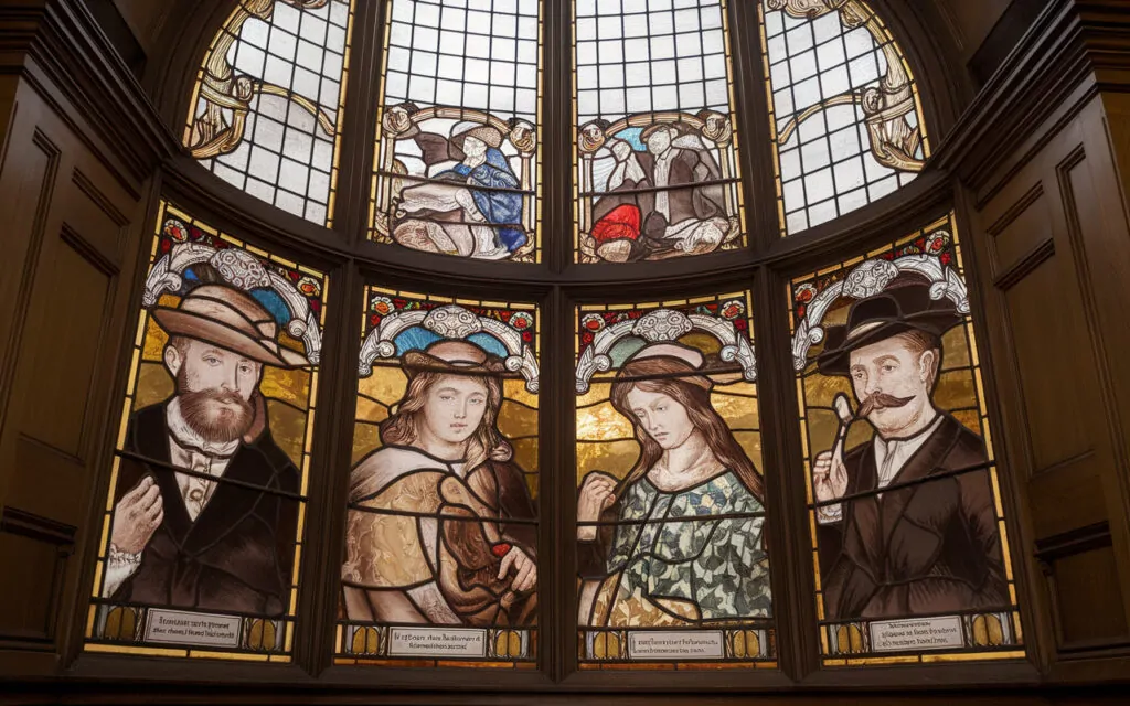 Stained glass window featuring four historical figures, each framed in their own panel, surrounded by ornate borders. This striking piece captures the essence of the history of architectural glass, crowned by a large arched window above.