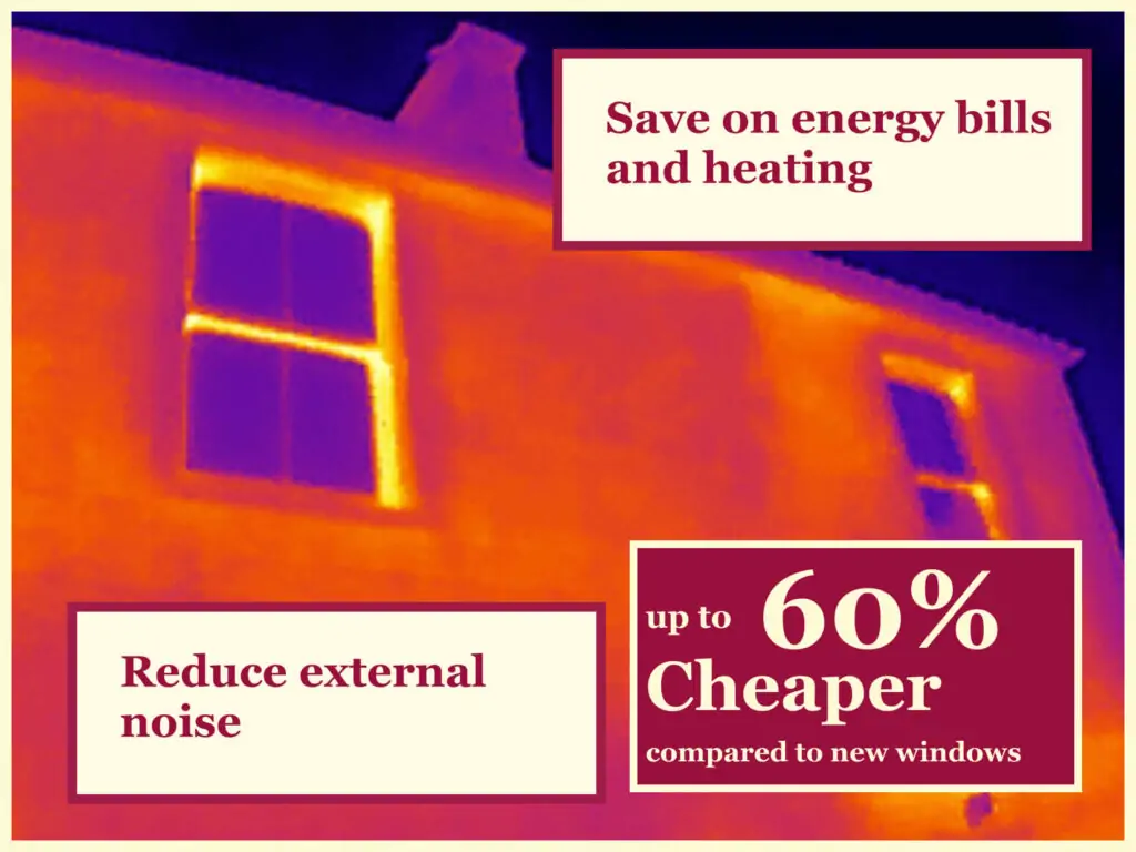 Infrared image of a building highlights energy loss through windows, emphasizing the benefits of sash window double glazing for energy savings, reduced noise, and up to 60% cost reduction compared to new windows.