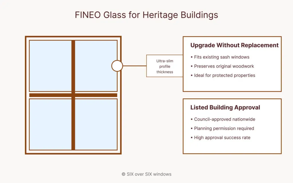 Diagram of a window featuring FINEO Glass highlights the benefits for heritage buildings, like upgrading without replacement and securing listed building approval, all thanks to the innovative FINEO technology.