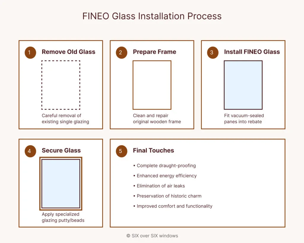 Flowchart illustrating the FINEO glass installation process in five steps: remove old glass, prepare the frame meticulously, install FINEO glass with precision, secure it firmly, and add final touches, each step accompanied by brief descriptions.