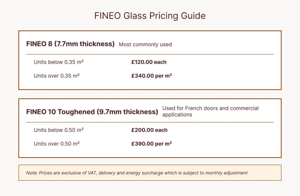 Explore our pricing guide for FINEO glass, including FINEO 8 and FINEO 10. The Fineo glass price varies depending on thickness and square meter usage. We've also included notes about VAT and delivery surcharges.