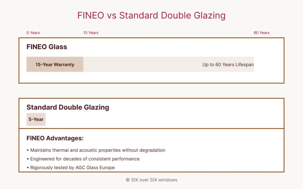 Comparison chart highlighting FINEO glass's 15-year warranty and up to 60-year lifespan versus Standard Double Glazing's 5-year warranty. FINEO glass excels in thermal and acoustic benefits.