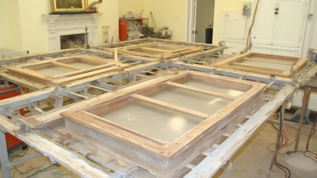 Wooden window frames with a rotten window sill are being restored, placed on workbenches in a workshop with tools and equipment in the background.