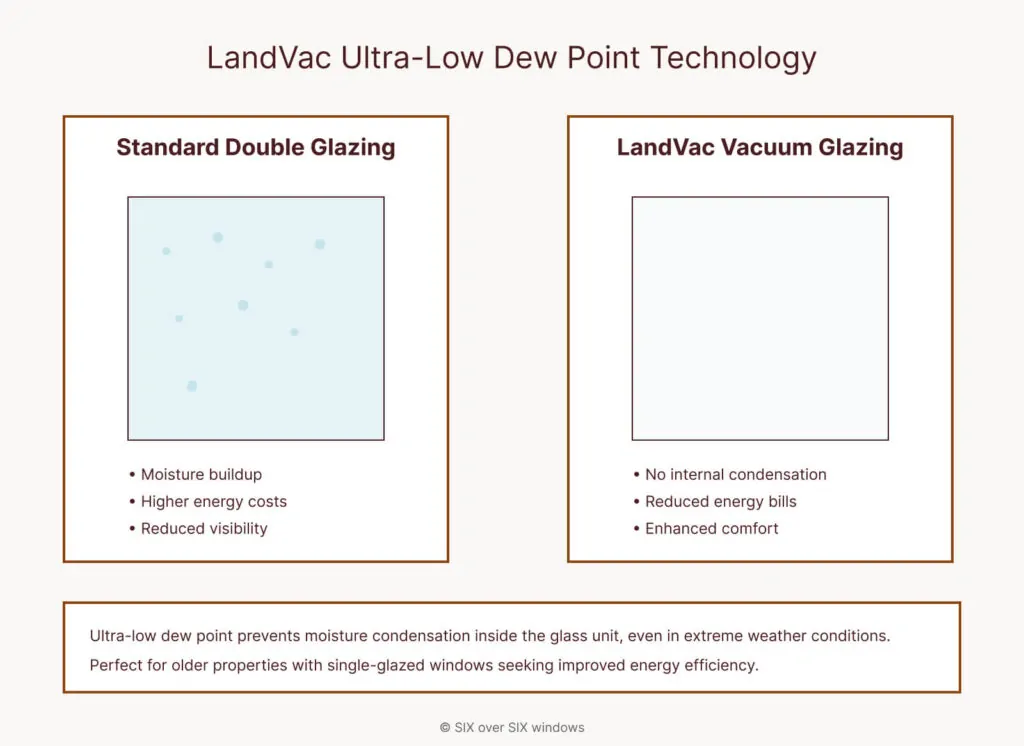 Comparison of Standard Double Glazing and LandVac Vacuum Glazing. LandVac vacuum glazing offers no condensation, reduced energy bills, and enhanced comfort over traditional double glazing.